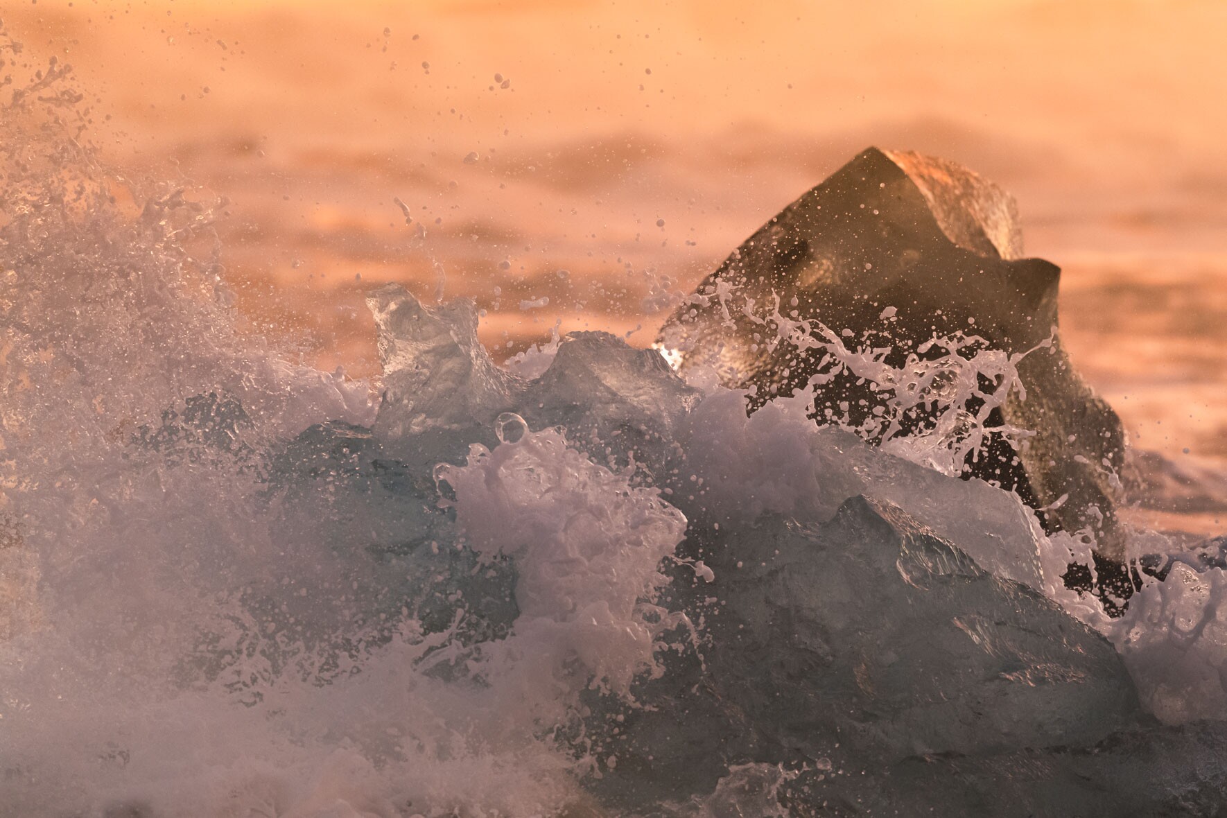 Massive Waves Crashing over Icebergs at Diamond Beach in Iceland