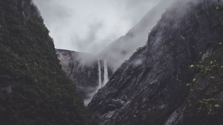 Vedalsfossen waterfall in the Hjølmodalen mountains near Øvre Eidfjord in Norway