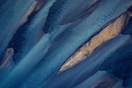 Aerial photography of Holsa river on the south coast of Iceland with sandbanks