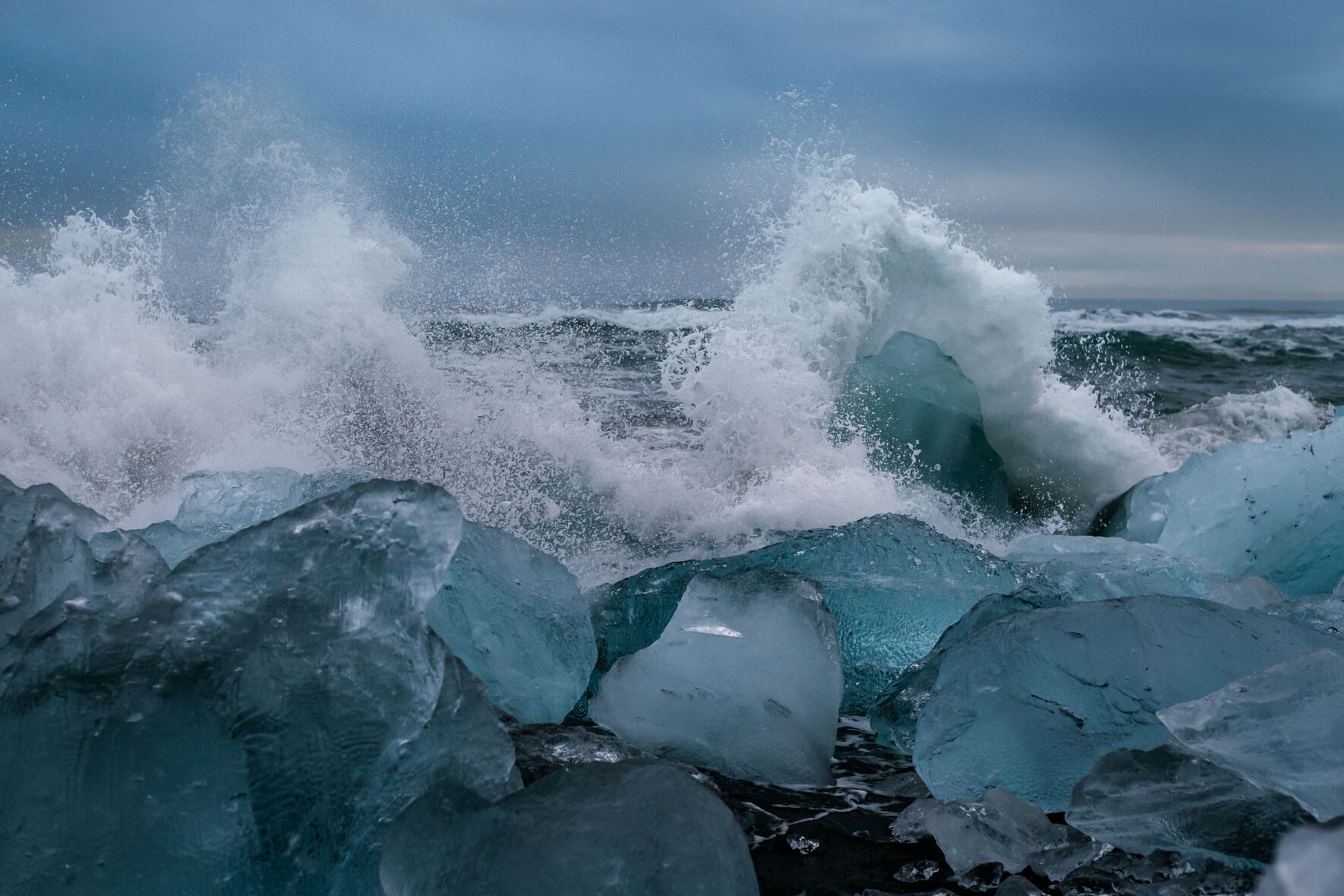 Crashing Waves at Black Sand Beach near Jökulsárlón Glacier Lagoon in Iceland