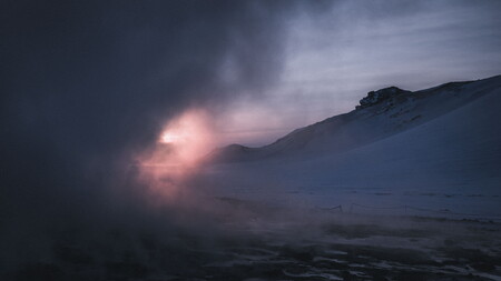 Geothermal area of Mt. Námafjall (Hverir) in North Iceland with snow