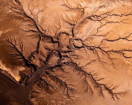 Aerial view of a dried up riverbed in the highlands of Iceland