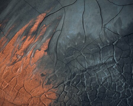 Aerial view of abstract mud cracks in Námafjall geothermal field, Iceland