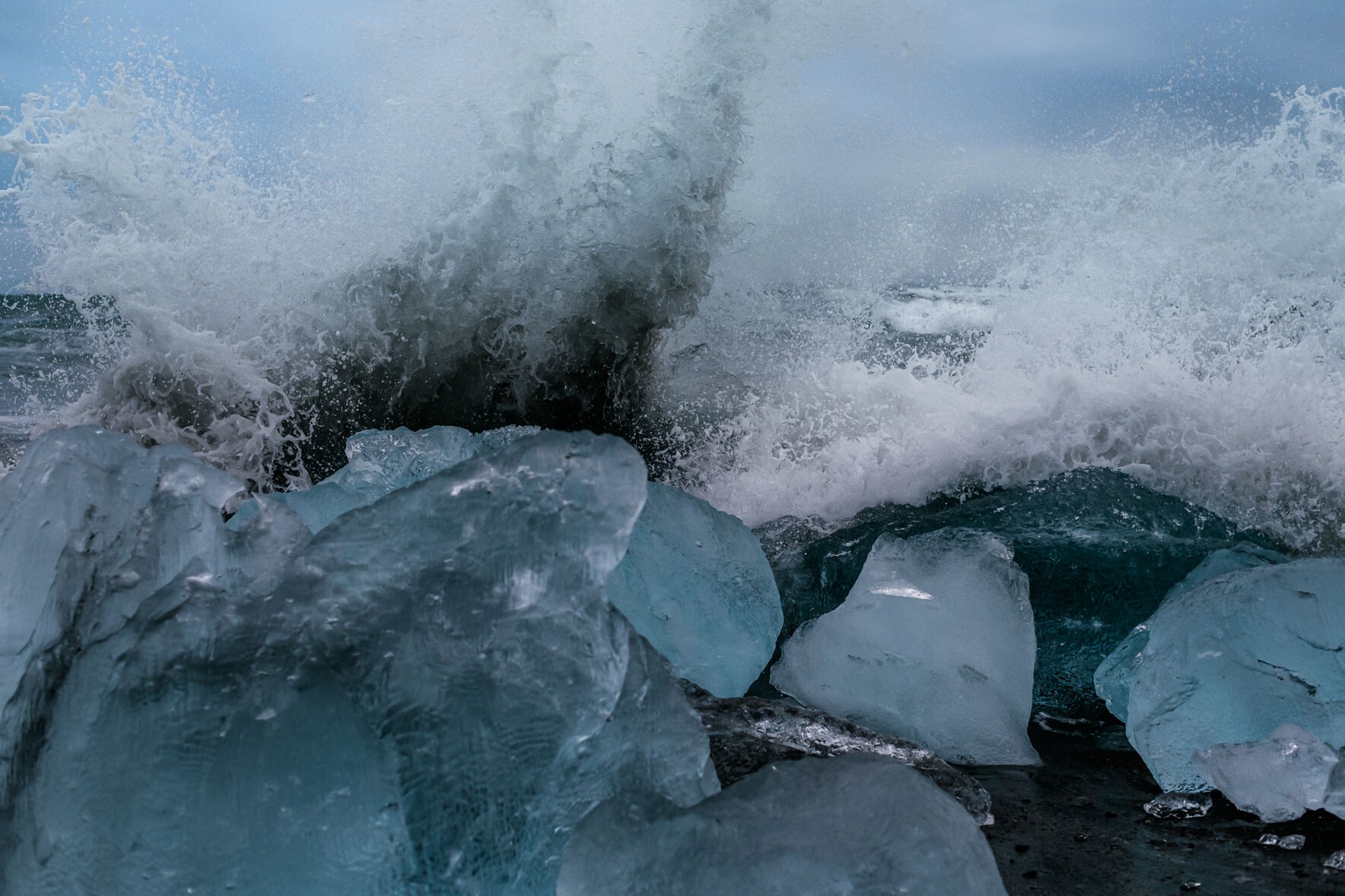 Crashing Waves at Black Sand Beach near Jökulsárlón in Iceland