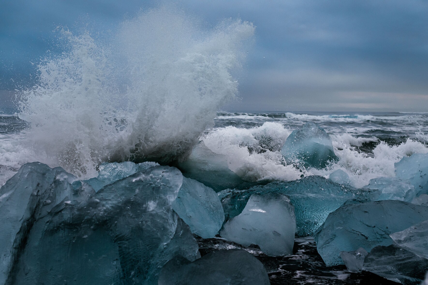 Massive Waves Crashing at Icebergs on Diamond Beach in Iceland