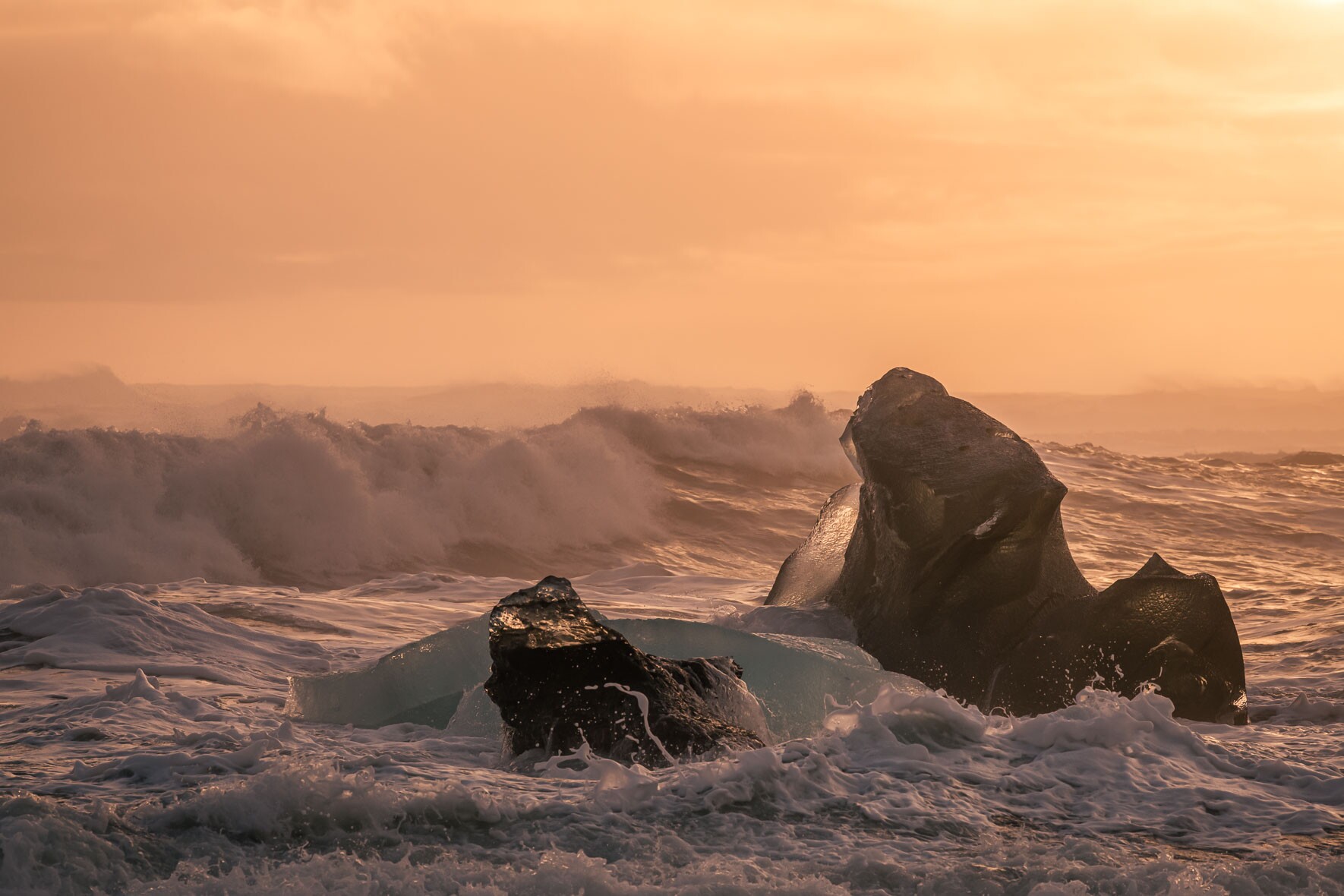 Massive Icebergs at Diamond Beach near Jökulsárlón Glacier Lagoon in Iceland