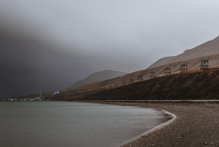 Remains of a coal mining tram line and buckets above Longyearbyen.