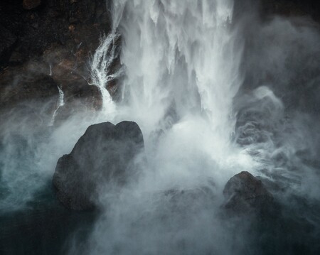 Háifoss waterfall in Iceland with big rocks in the riverbed