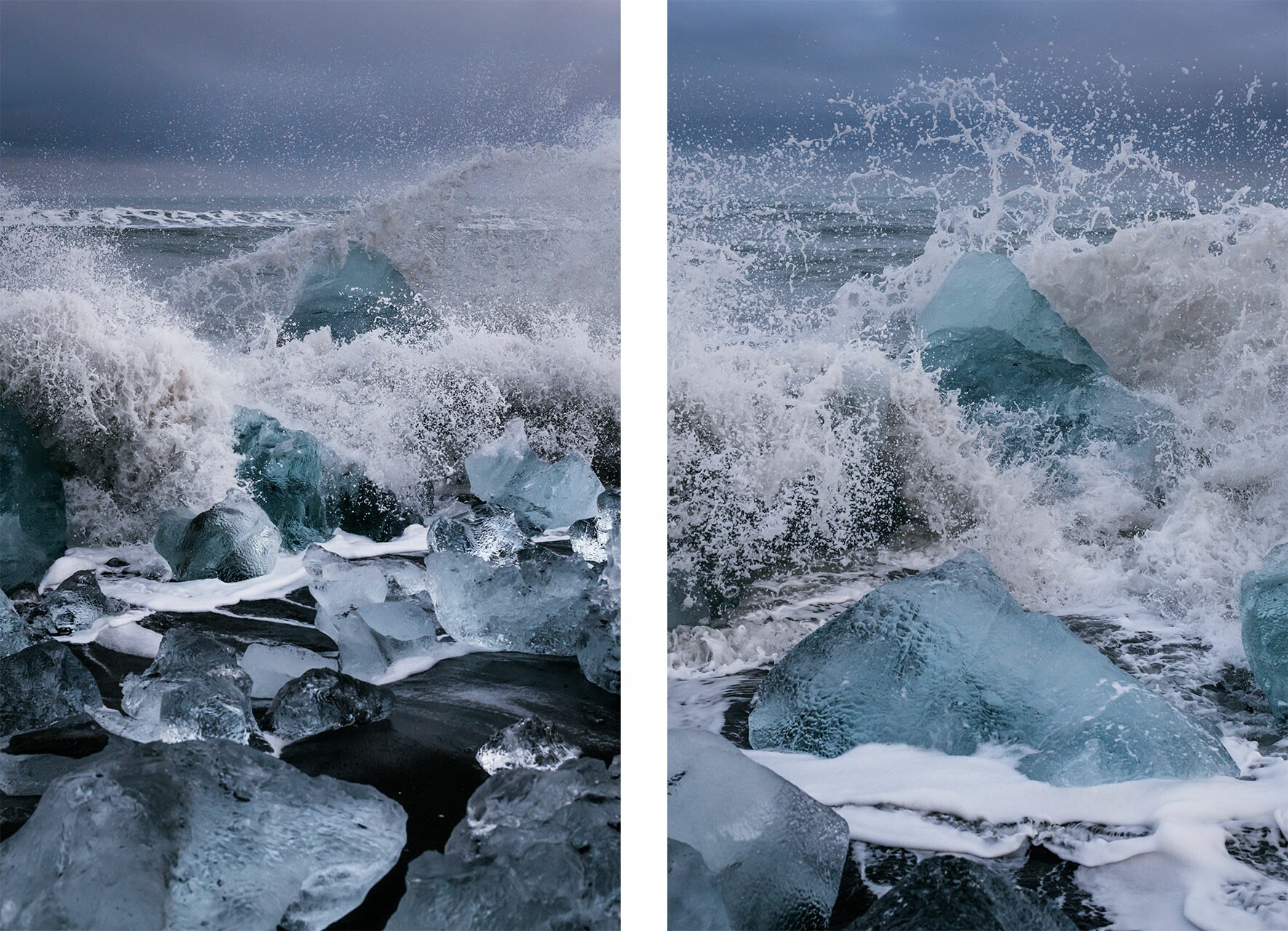 Crashing Waves at Icebergs near Jökulsárlón Glacier Lagoon in Iceland