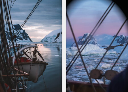 Evening light over the Bark Europa in Antarctica