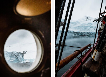 Bark Europa sailing along the shores of the Antarctic Peninsula