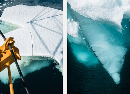 Icebergs and the tall ship Bark Europa