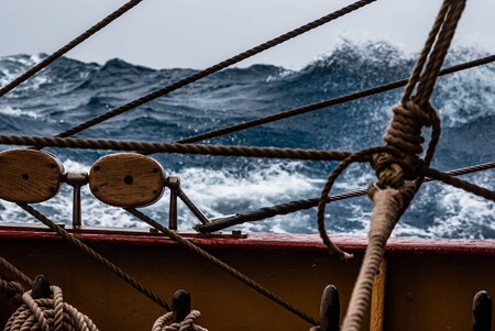 Tall ship Bark Europa on the Drake Passage with waves