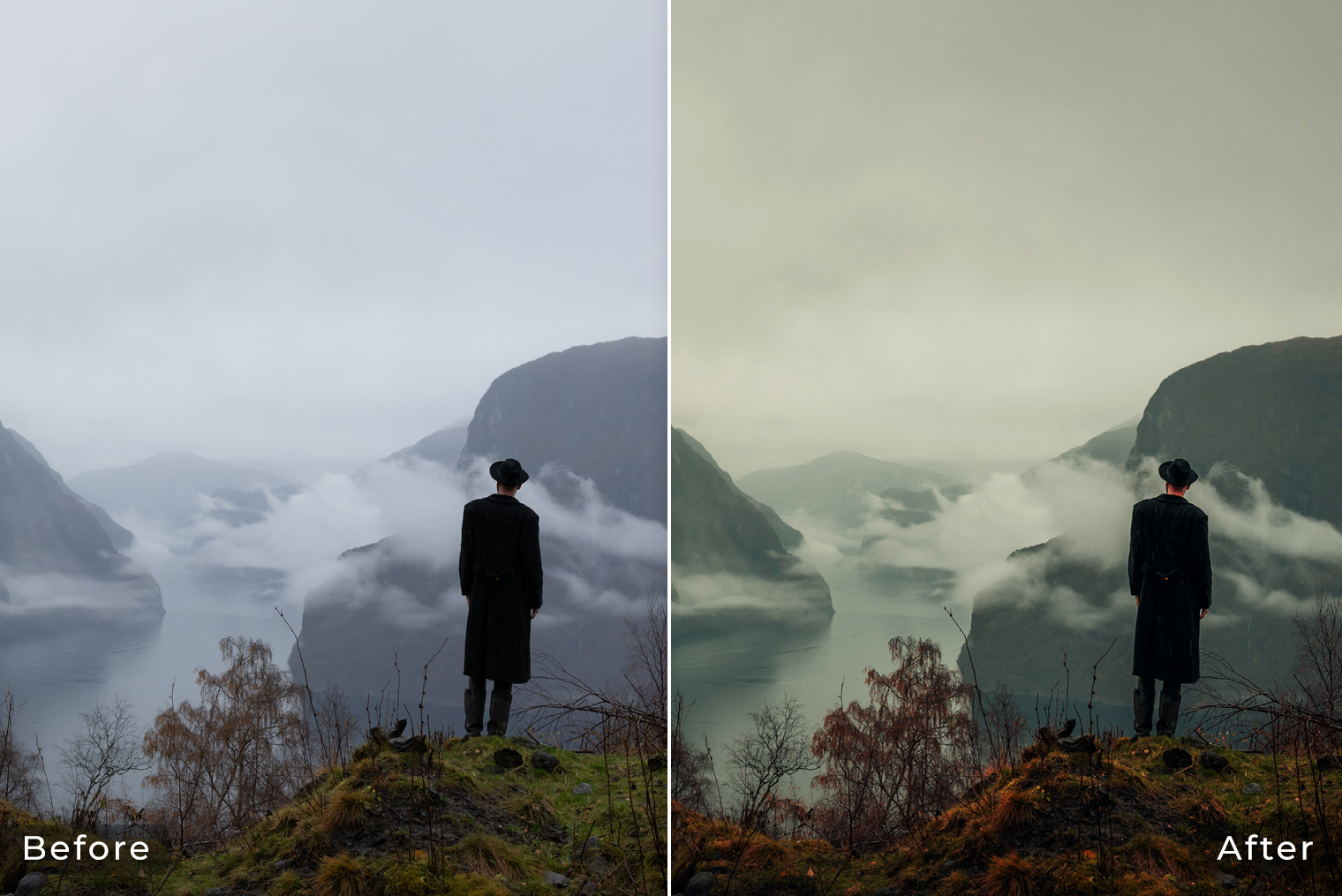 Before & After - Man looking over Fjord landscape of Norway