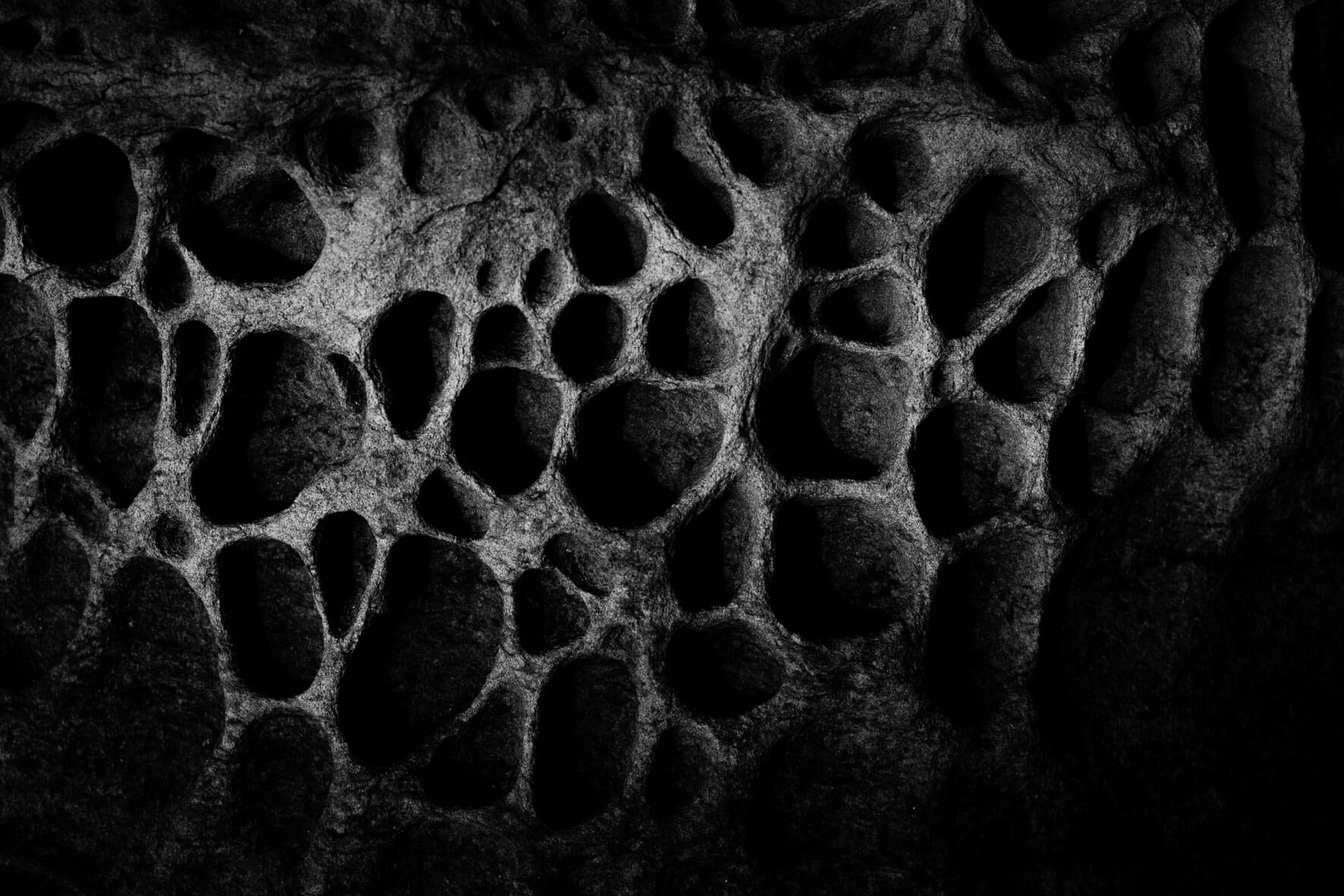 Abstract rock formations in black and white on the Isle of Skye