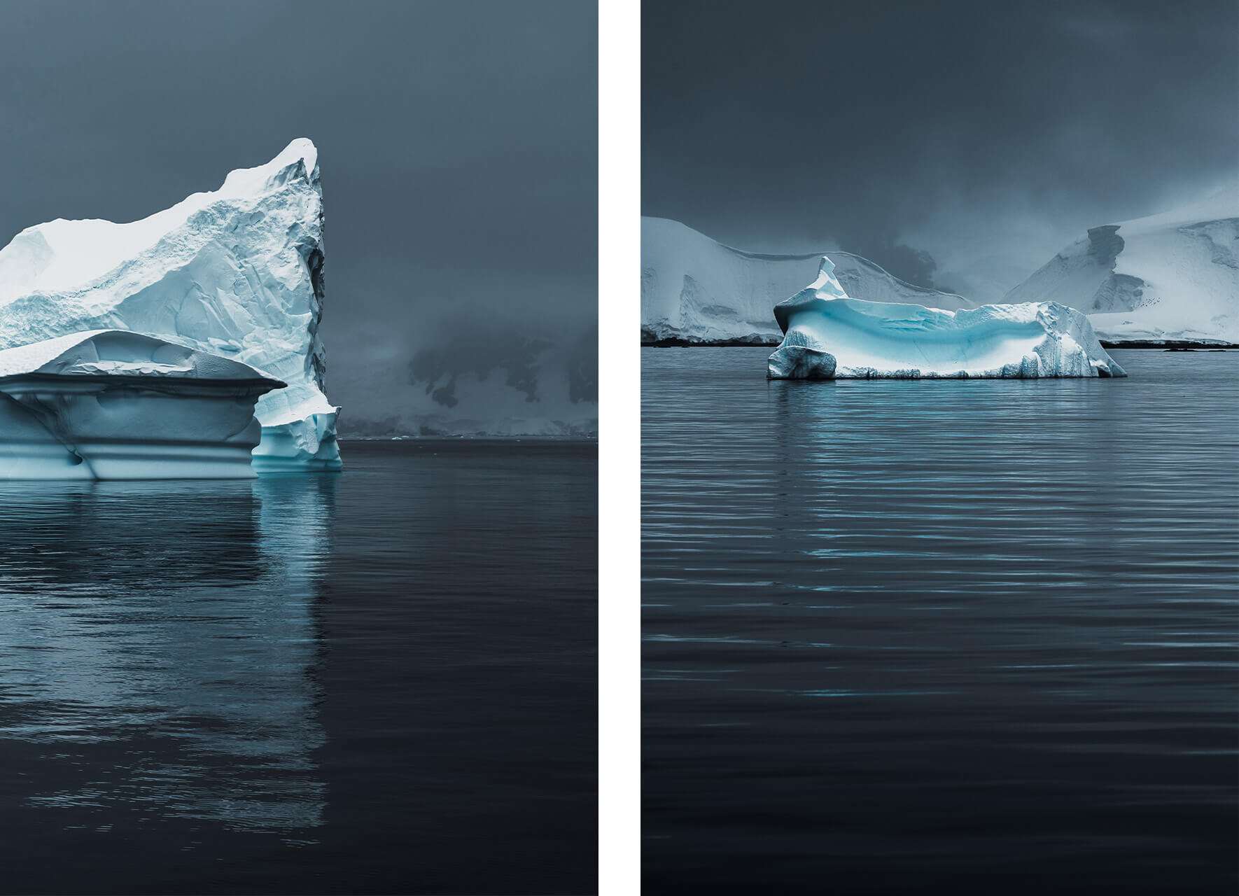 Icebergs with reflections in the Gerlache Strait of Antarctica