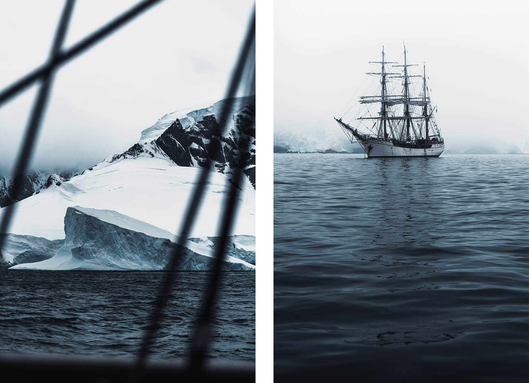 Iceberg with snowy mountains and the tall-ship Bark Europa