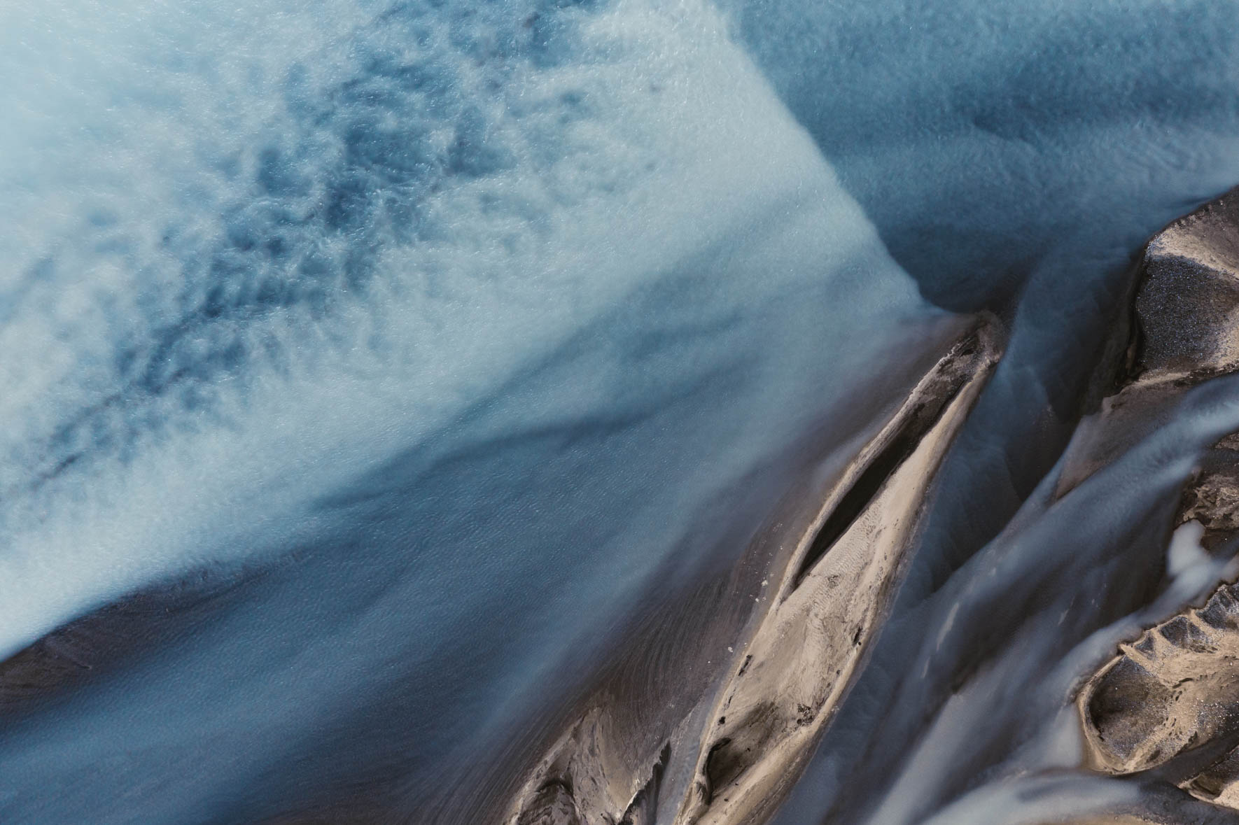 Blue Glacier River with Sand Banks in the Highlands of Iceland