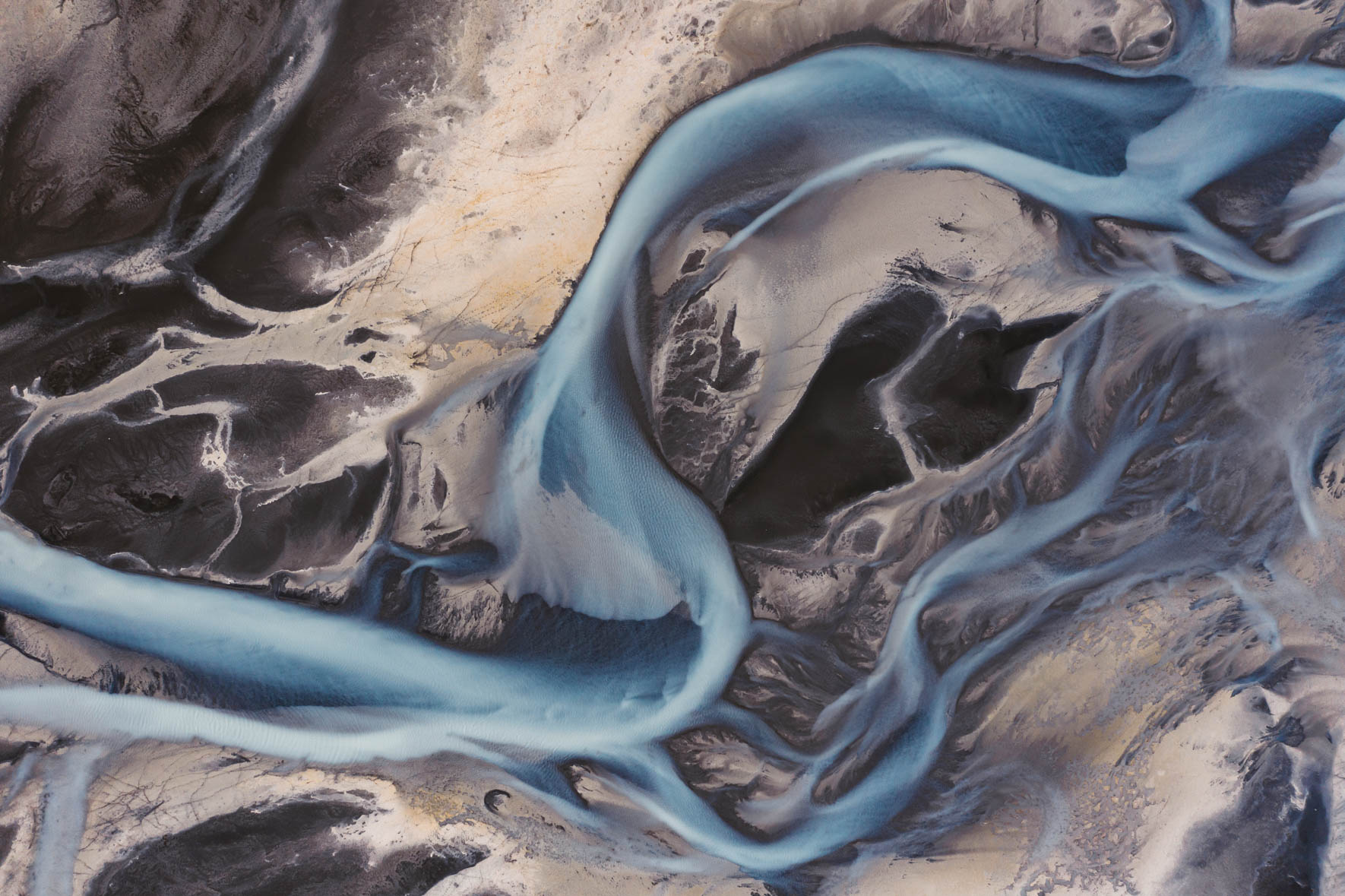 Aerial Landscape Top View of Glacier River in the Highlands of Iceland