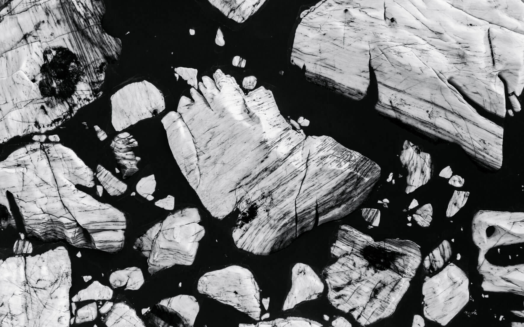 Glacial lake of Svínafellsjökull glacier in Iceland in black and white