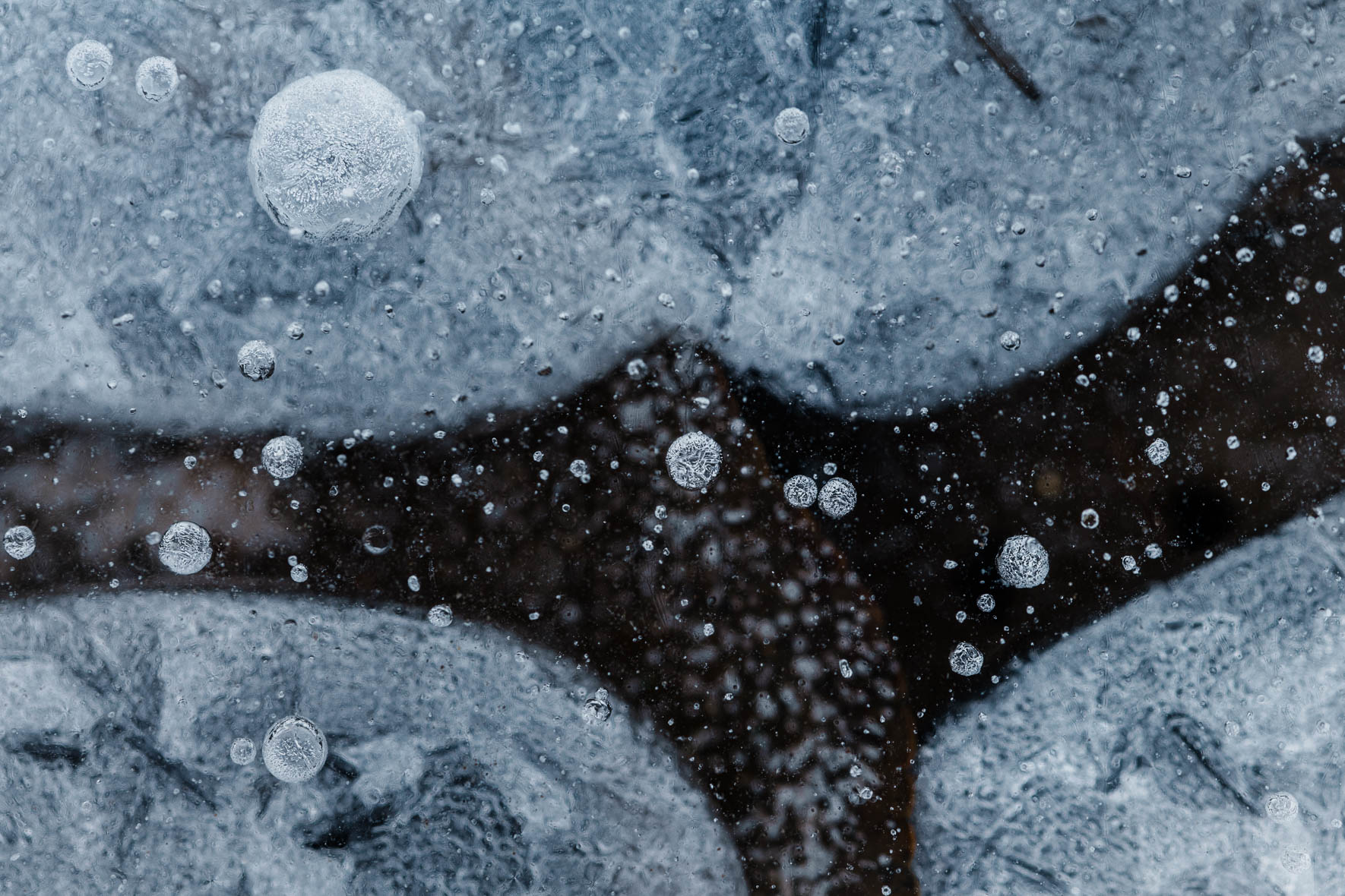 Abstract Macro Photography of Air Bubbles in Frozen Puddle