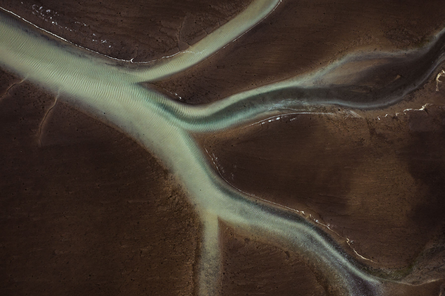 Aerial view of tidal landscape on the south coast of Iceland with water channels