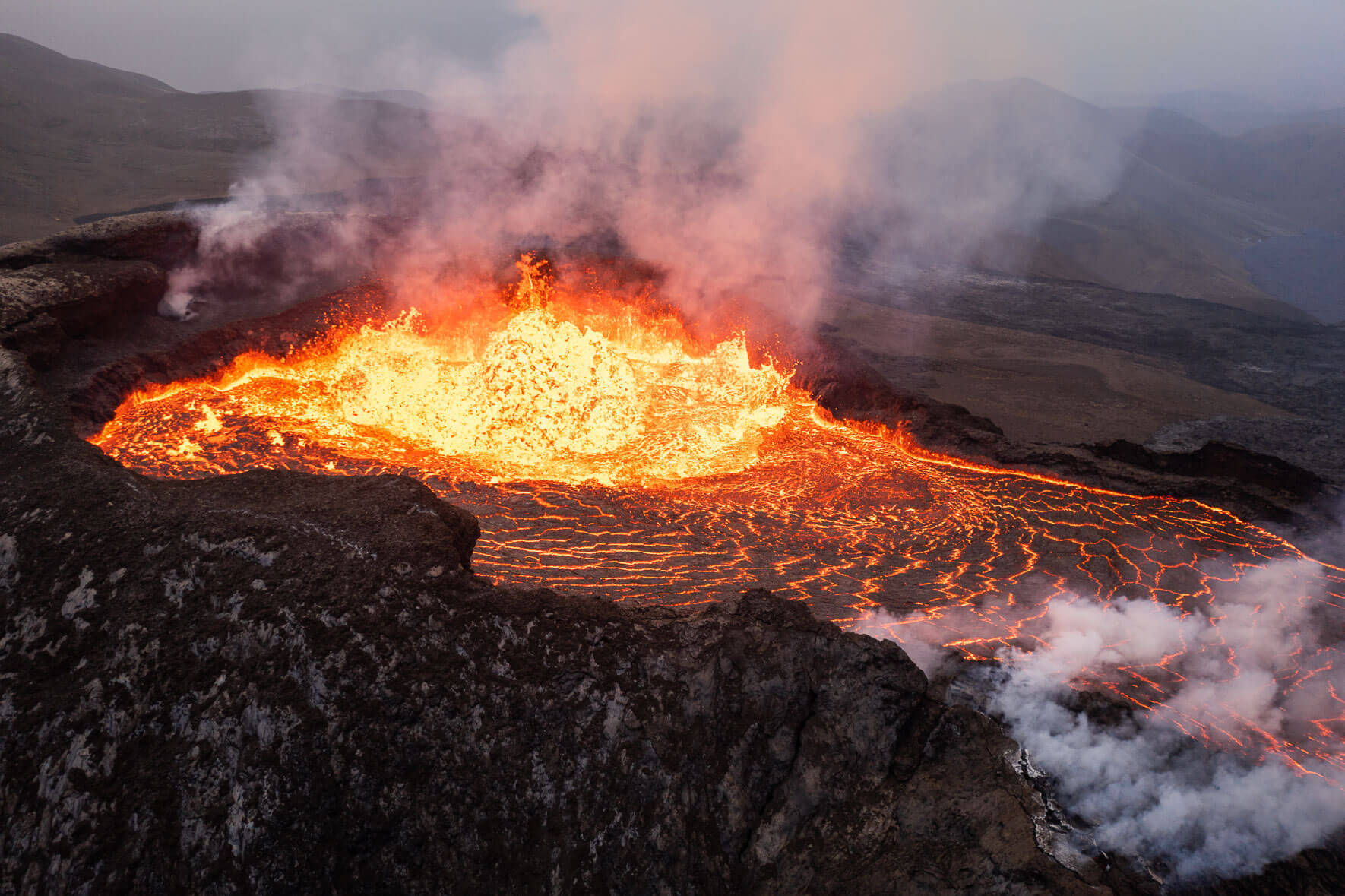 The bubbling crater of the Fagradalsfjall eruption in Iceland (2021) from an aerial view