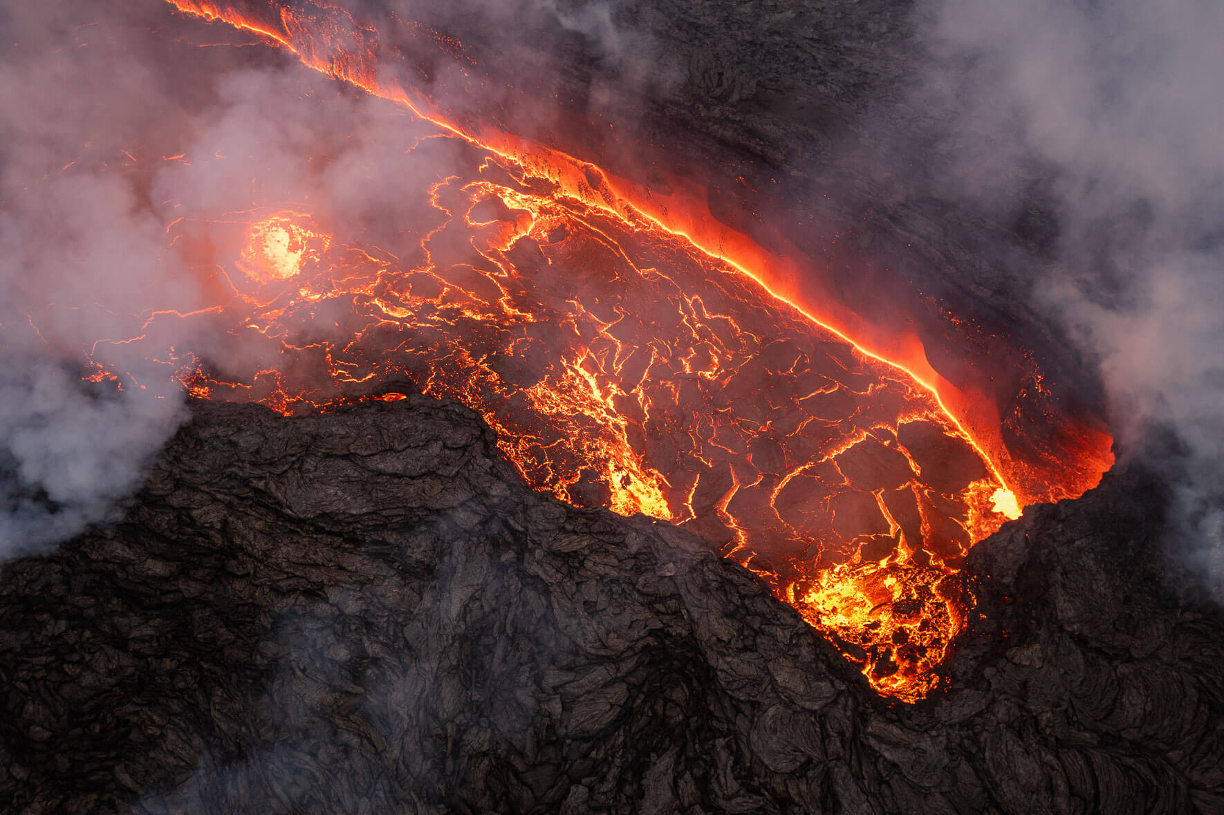 Aerial photograph of the crater of the Fagradalsfjall volcano in Iceland