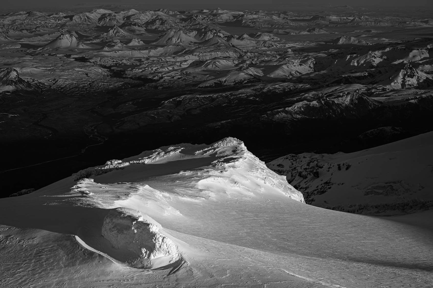 Black and white photography of Eyjafjallajökull glacier in Iceland