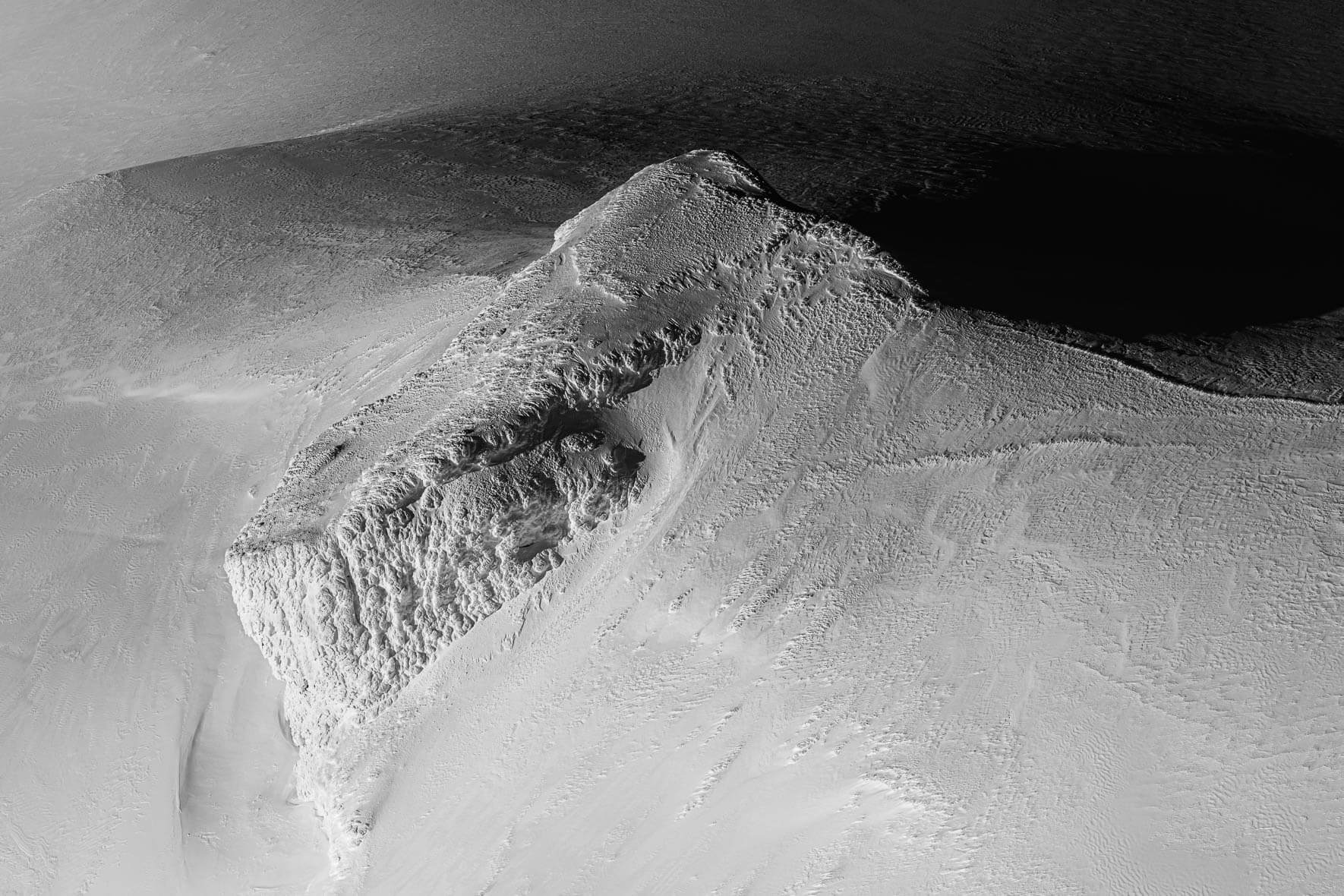 Black and white aerial view of Eyjafjallajökull glacier summit in Iceland