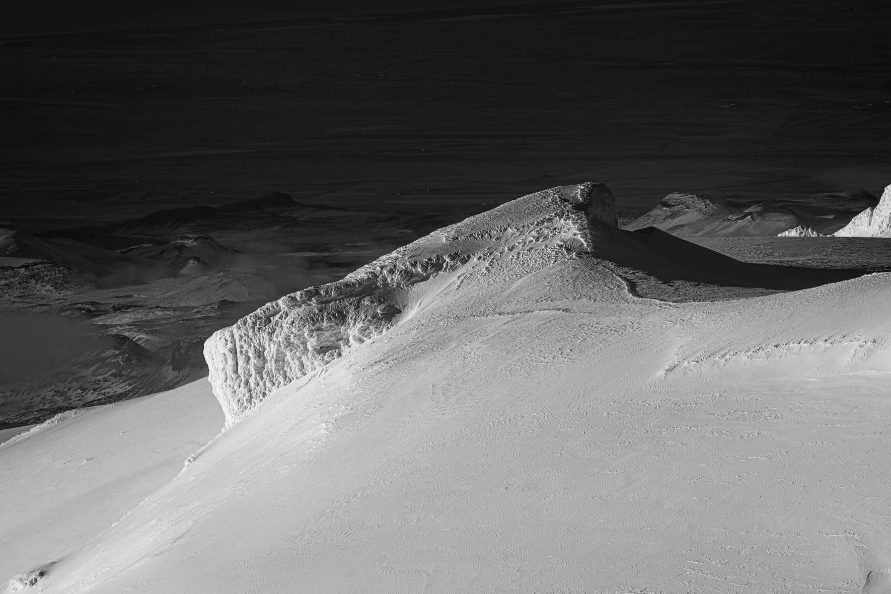 Black and white aerial photography of Mýrdalsjökull glacier in Iceland