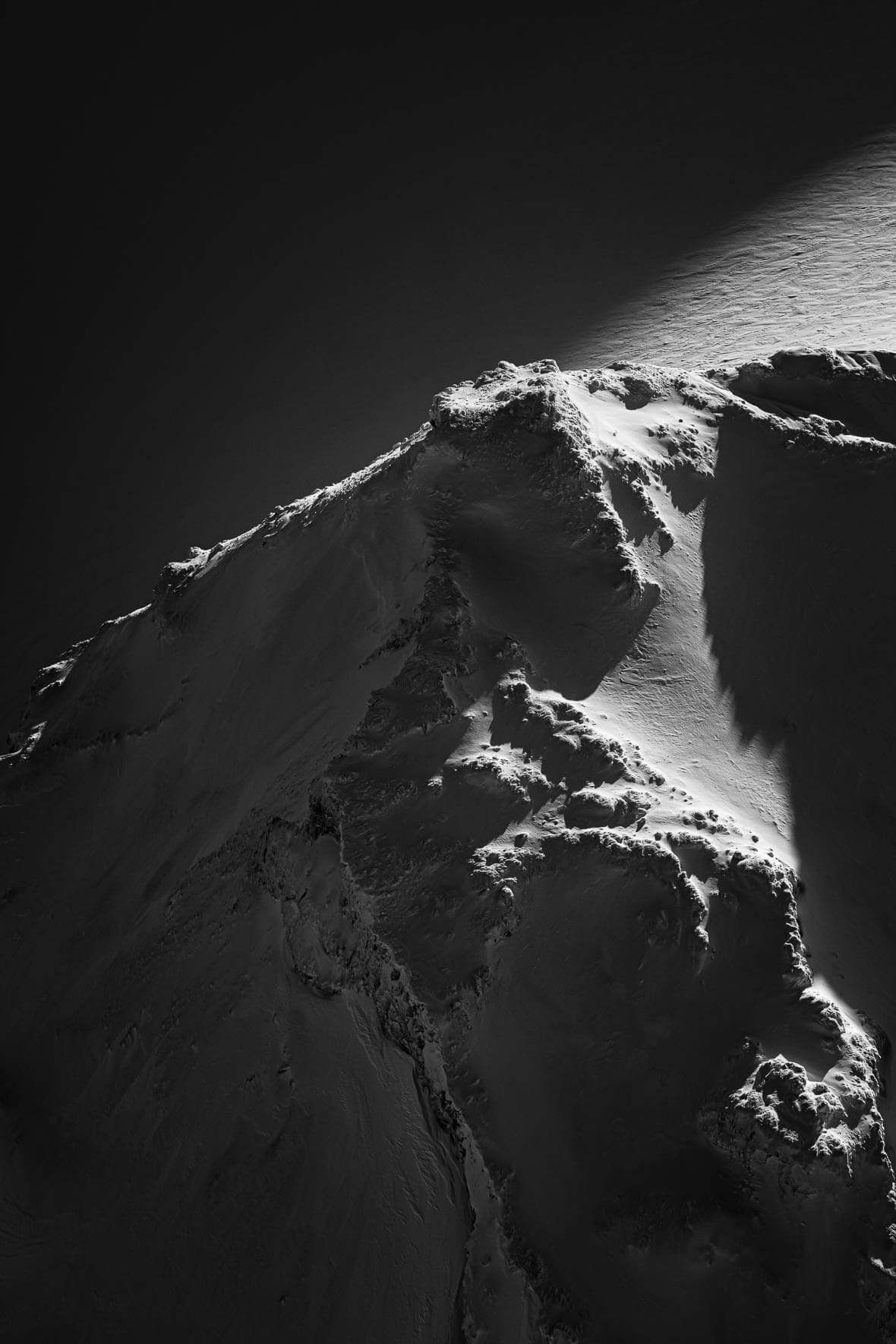 Black and white photograph of Mýrdalsjökull with snow and ice in Iceland