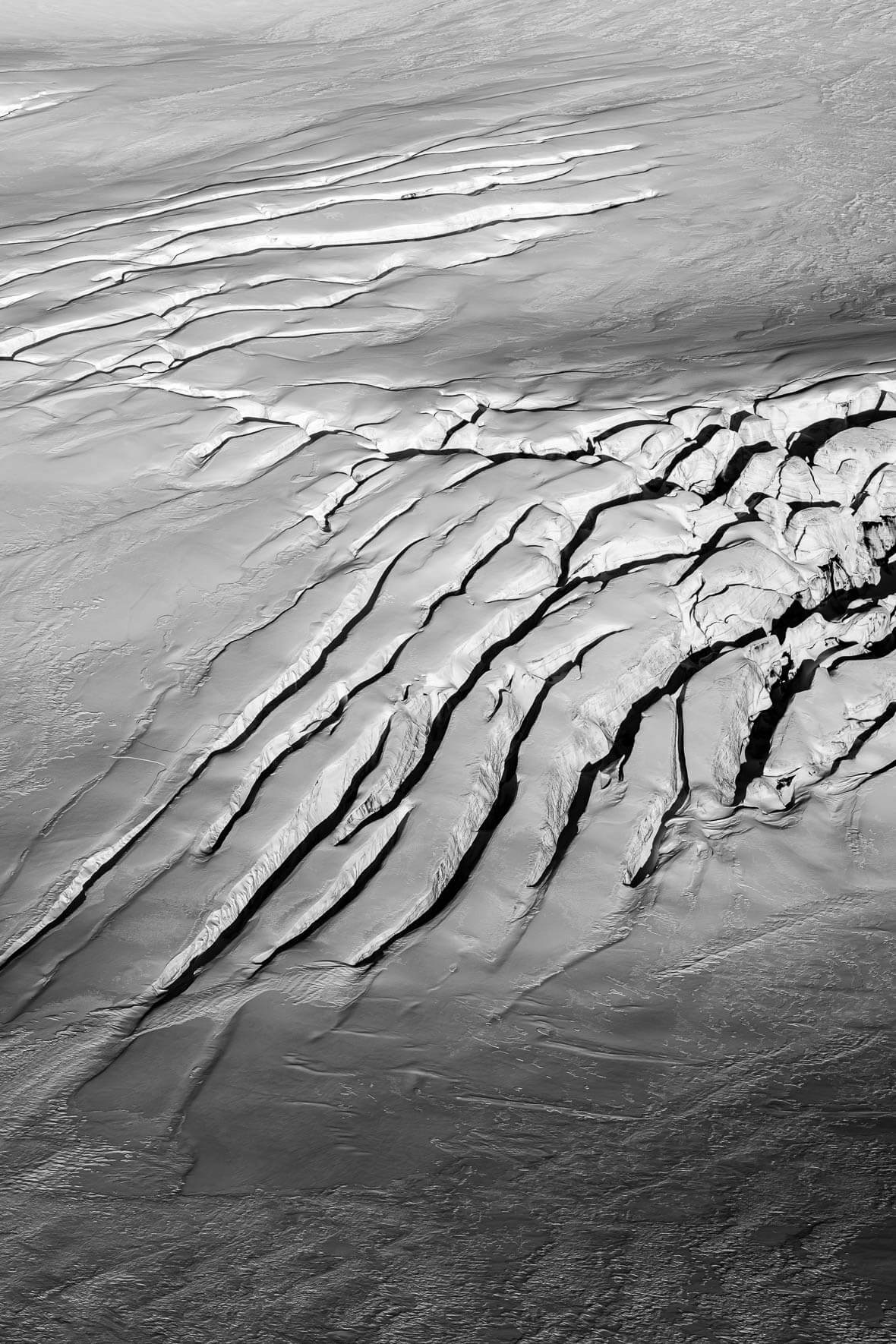 Black and white aerial photograph of Mýrdalsjökull glacier in Iceland