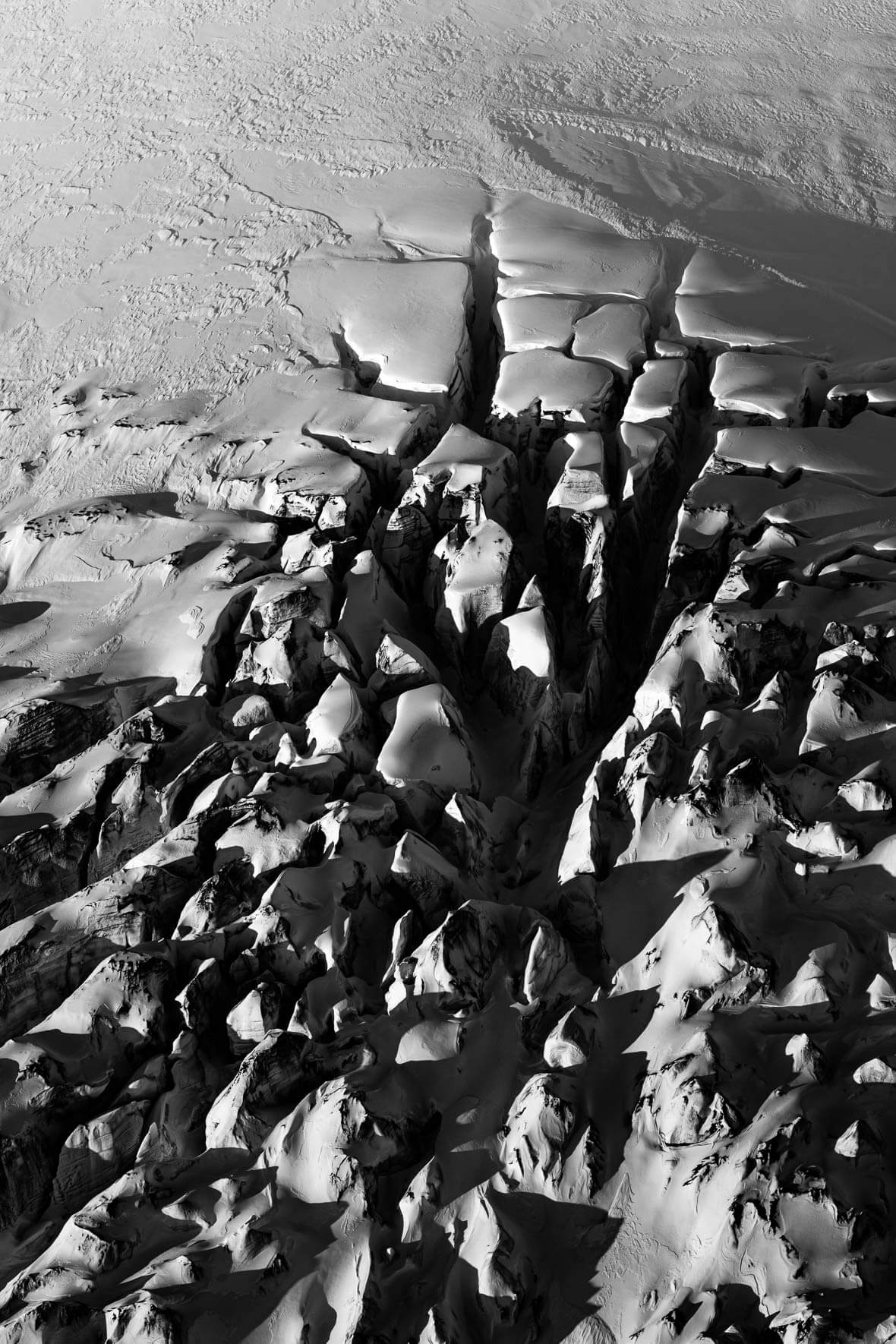 Black and white photograph of glacier crevasses of Mýrdalsjökull in Iceland