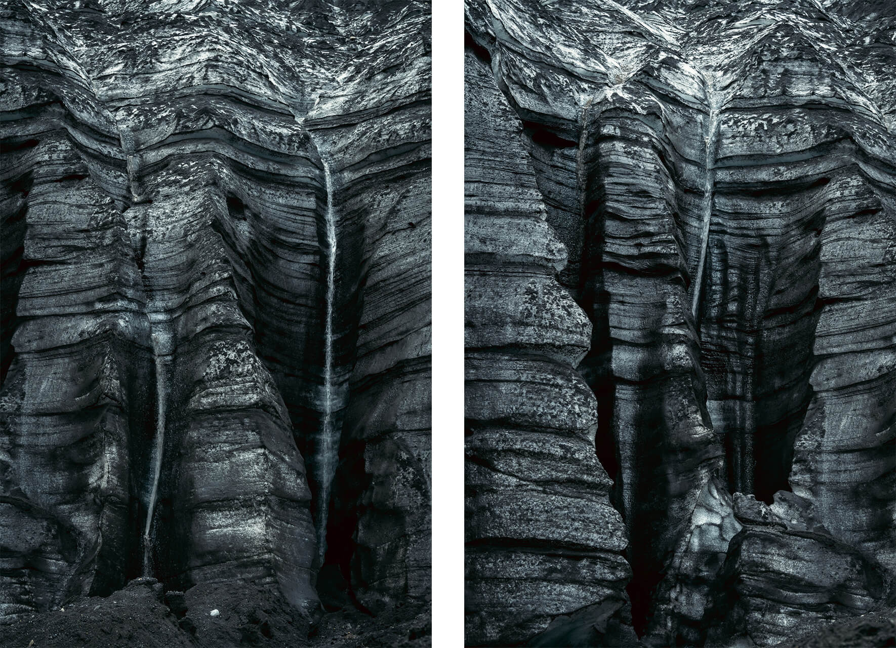 Dark ice of Kötlujökull glacier (Katla) in Iceland with small waterfalls