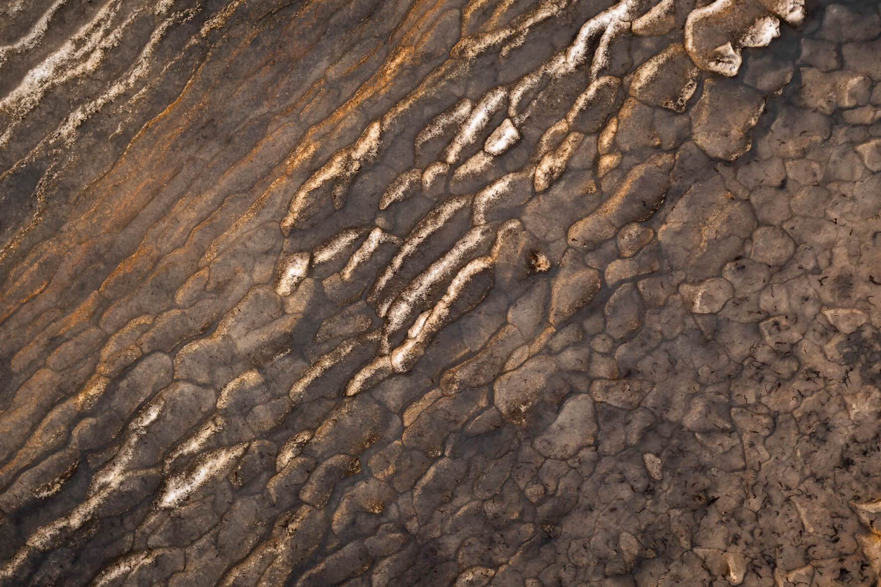 Colorful texture of frozen ponds on Jökuldalsheiði plateau in eastern Iceland