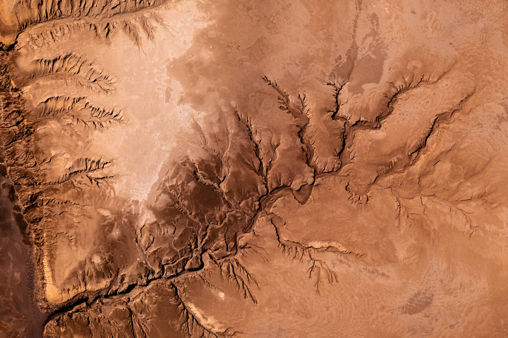 Abstract aerial view of a dried up riverbed in the highlands of Iceland