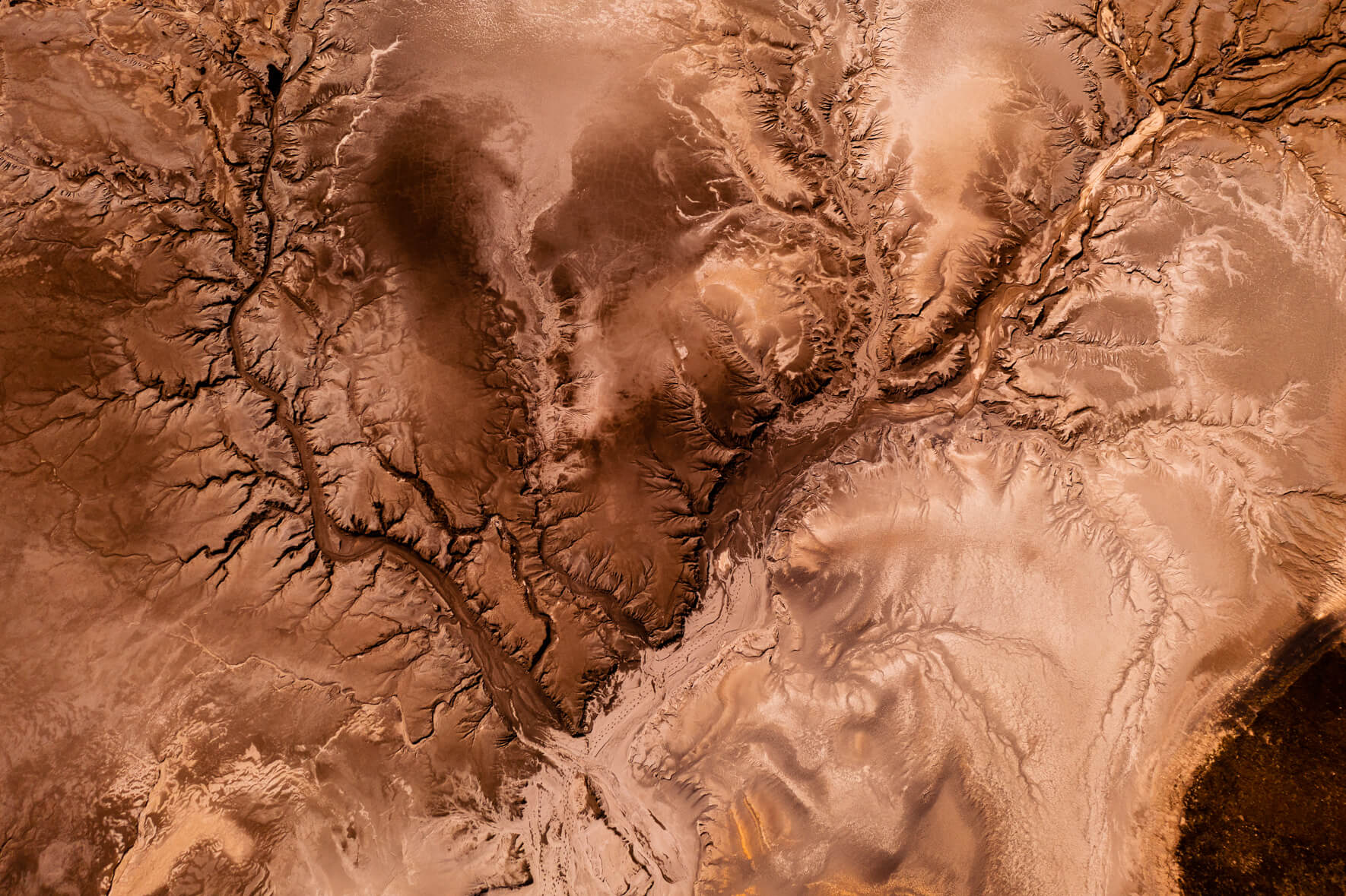 Aerial view of dried up river bed with in highlands of Iceland