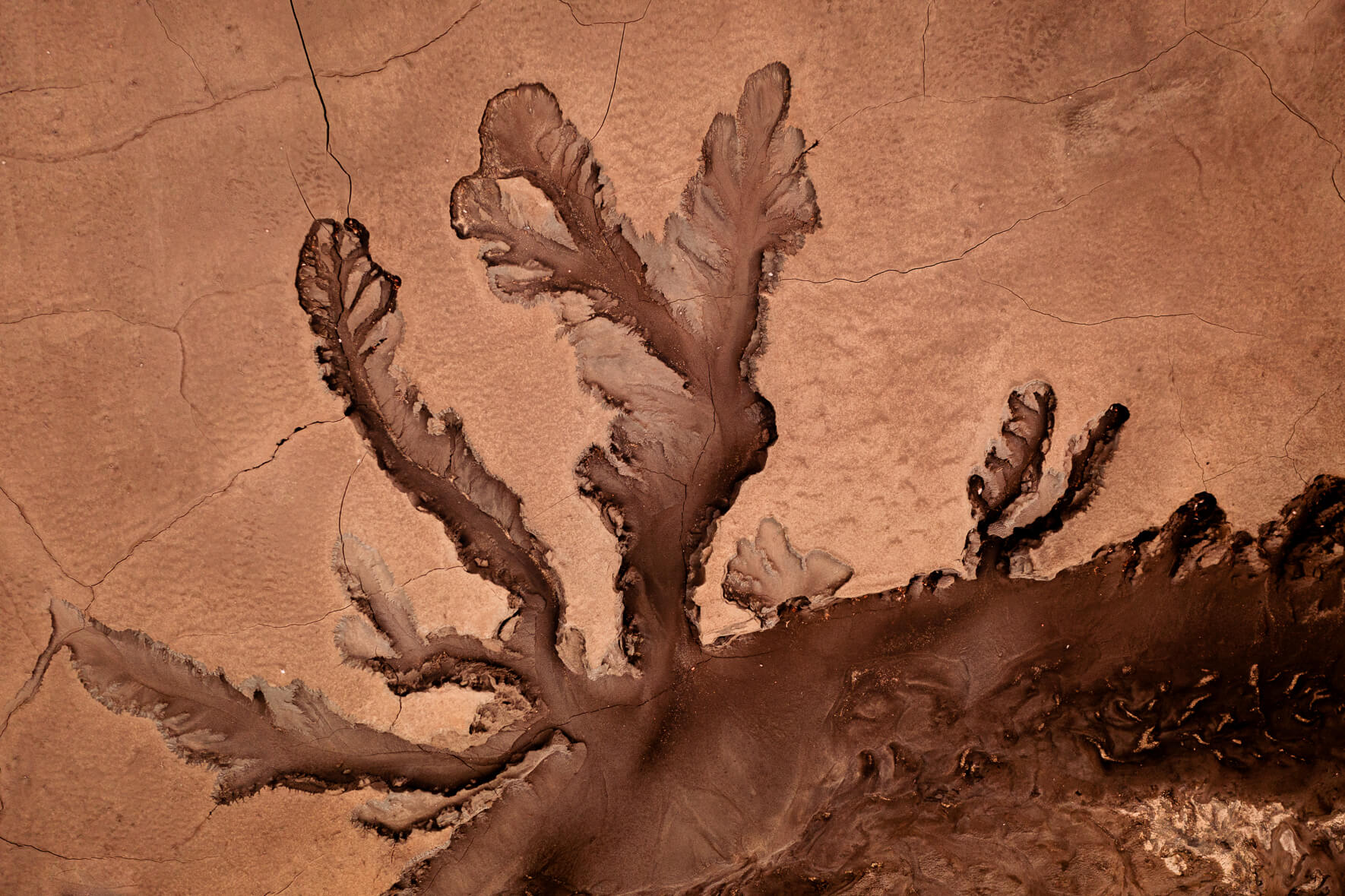 Aerial photography of a dried up creek in the highlands of Iceland