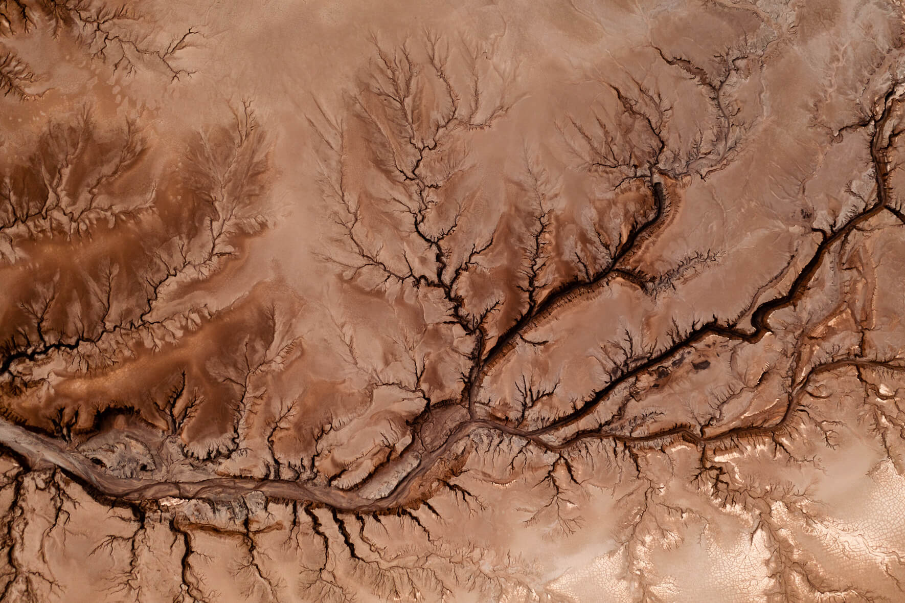 Aerial view of a dried up river system in the highlands of Iceland