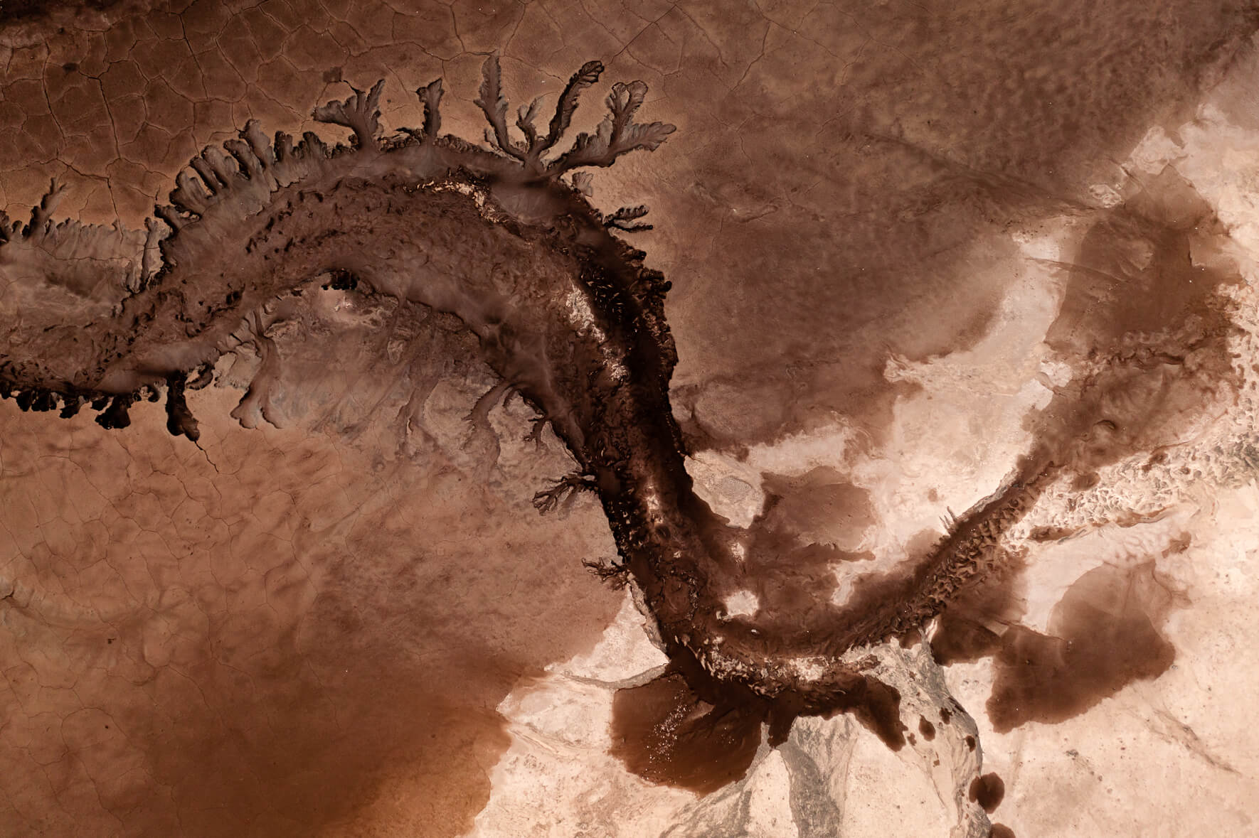 Aerial view of a dried up creek in the highlands of Iceland