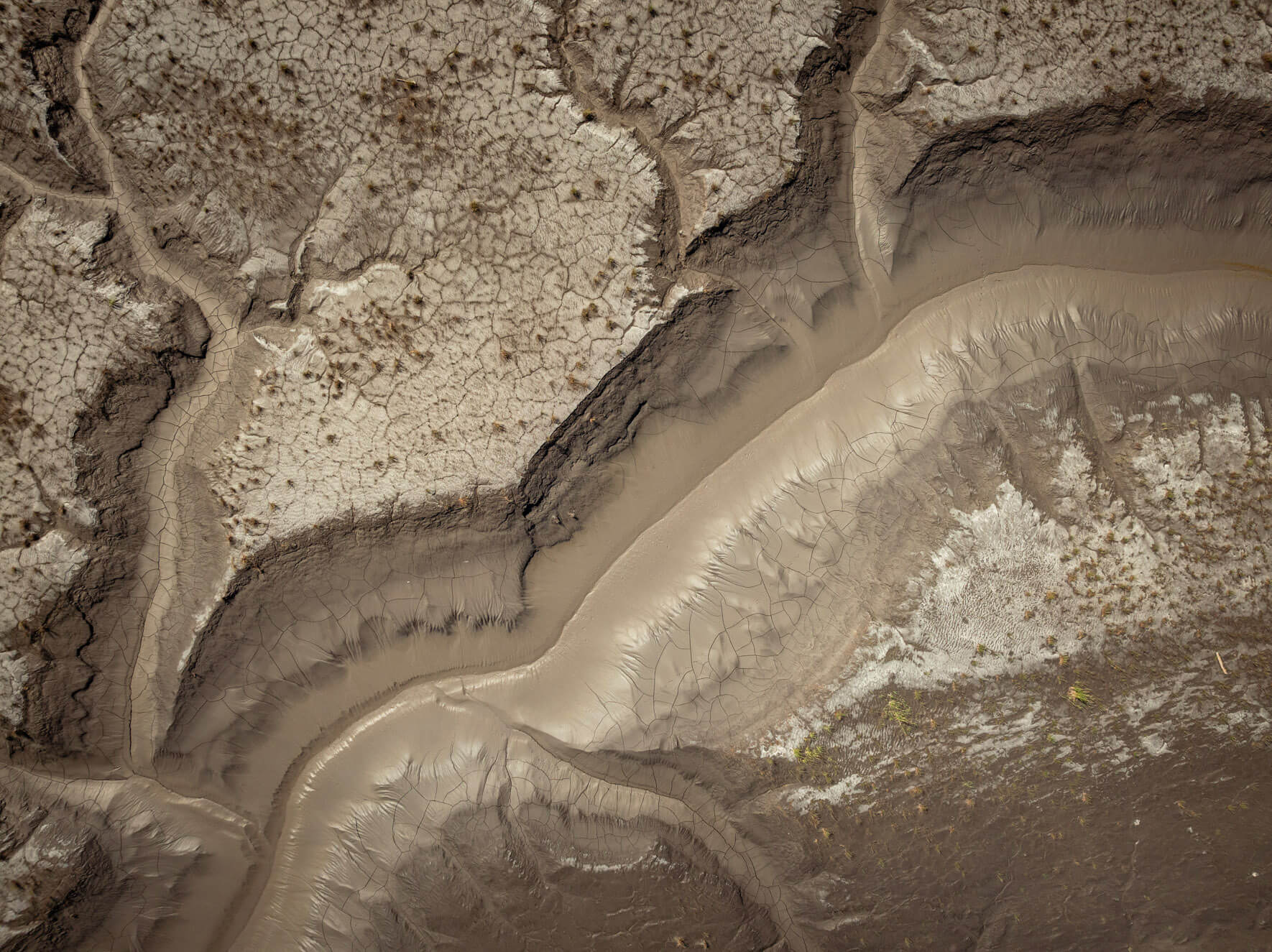 Meandering water channels, carving intricate paths through Alaska’s exposed coastal flats