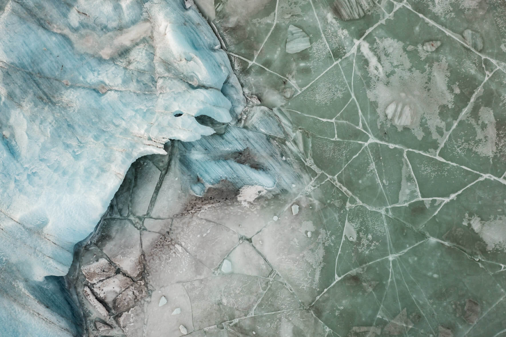 Drone view of Svínafellsjökull glacier feeding into Svínafellslón