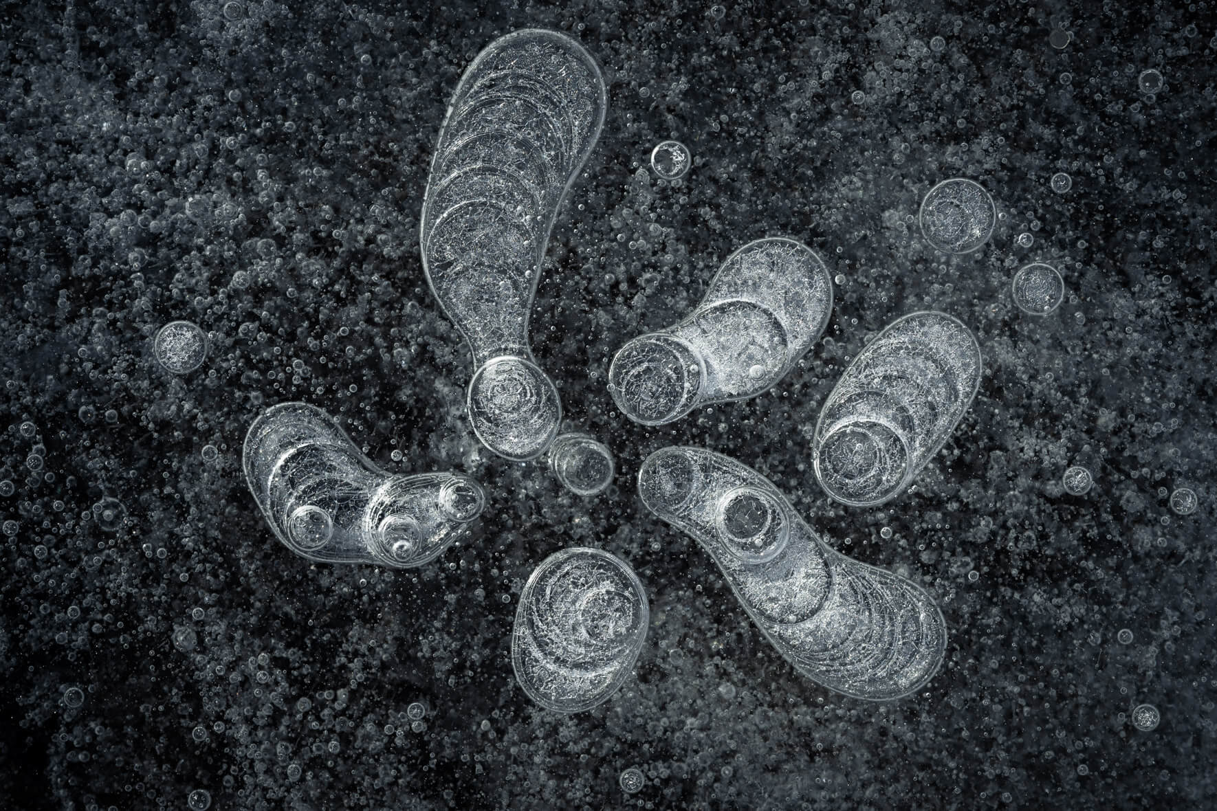 Macro shot of air pockets sealed in black ice, showcasing delicate frozen details