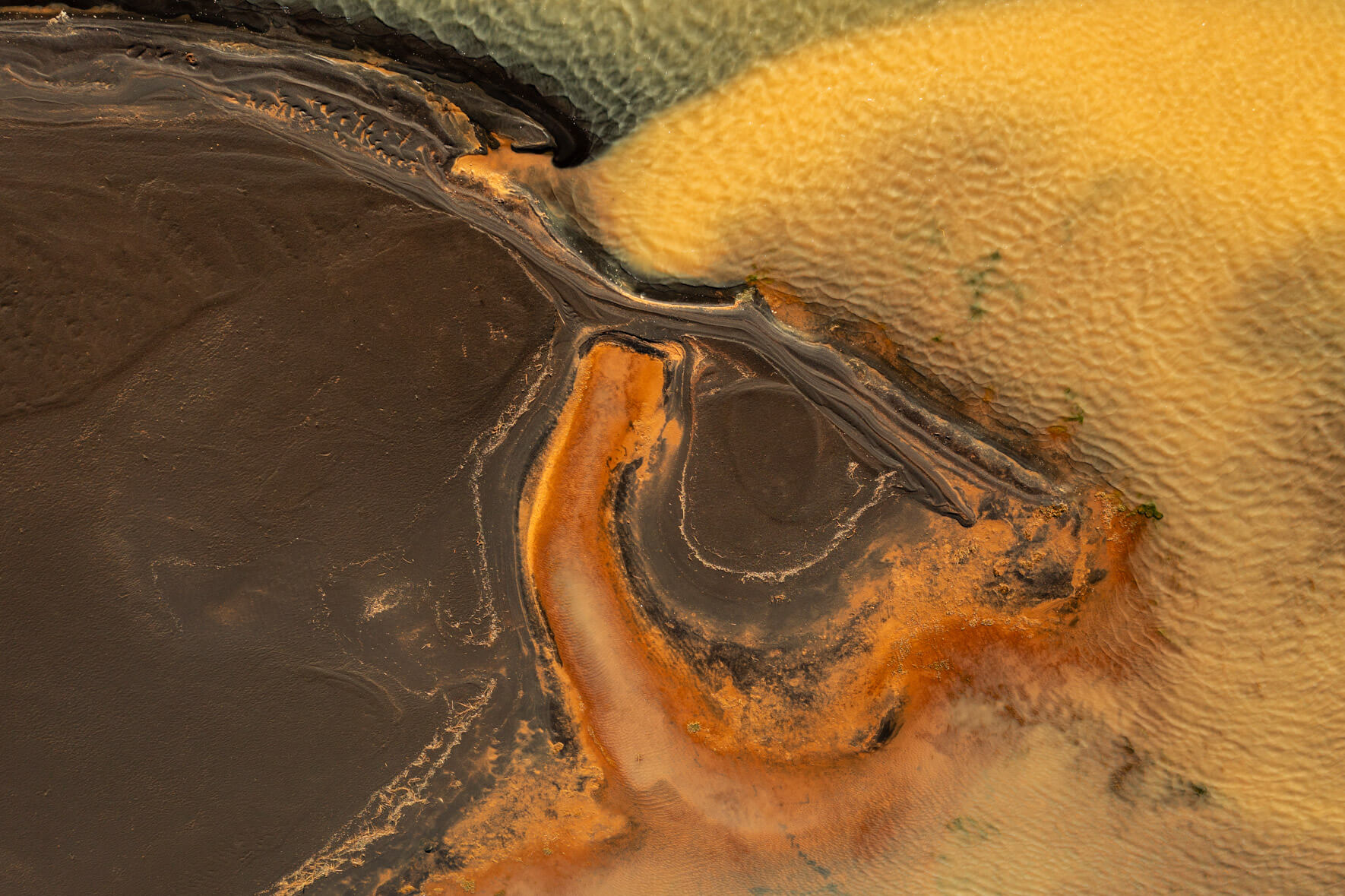 Drone shot of a yellow-colored river on Iceland's south coast