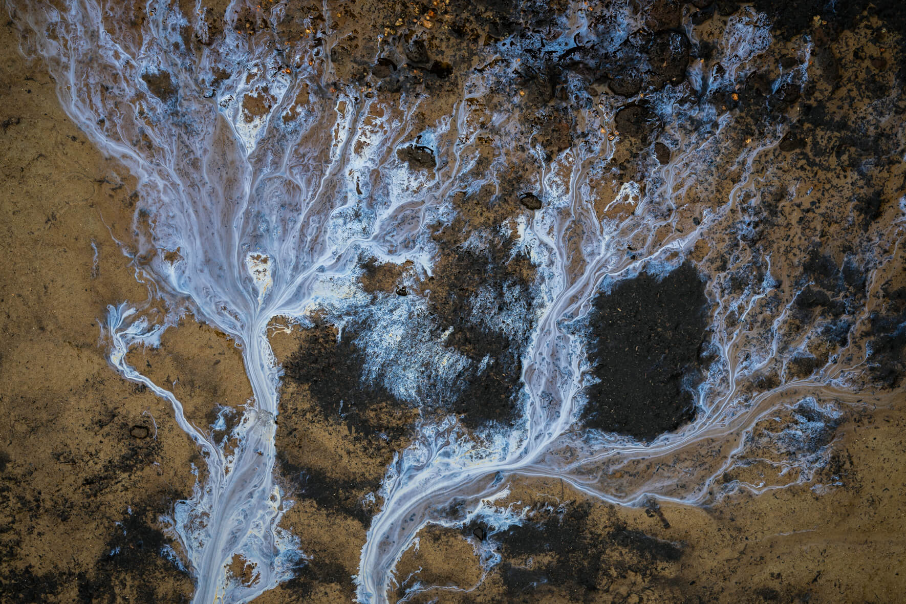 Detailed view of oxidized pattern with rich blue and bronze hues on mud