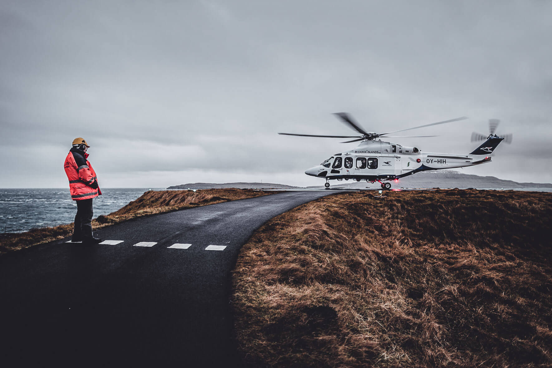 Atlantic Airways helicopter landing at Tórshavn helipad