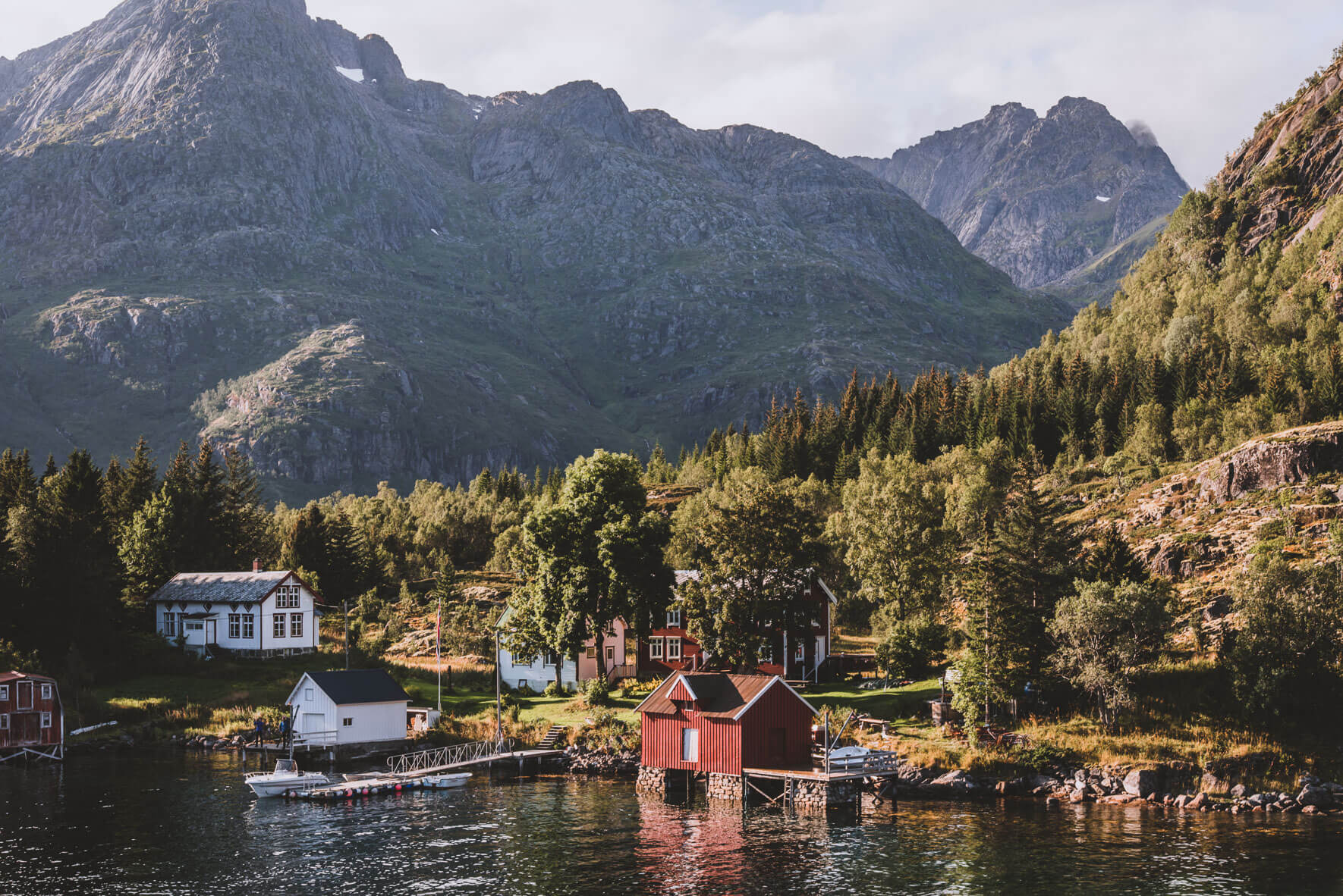 Colorful huts and forest in Norway