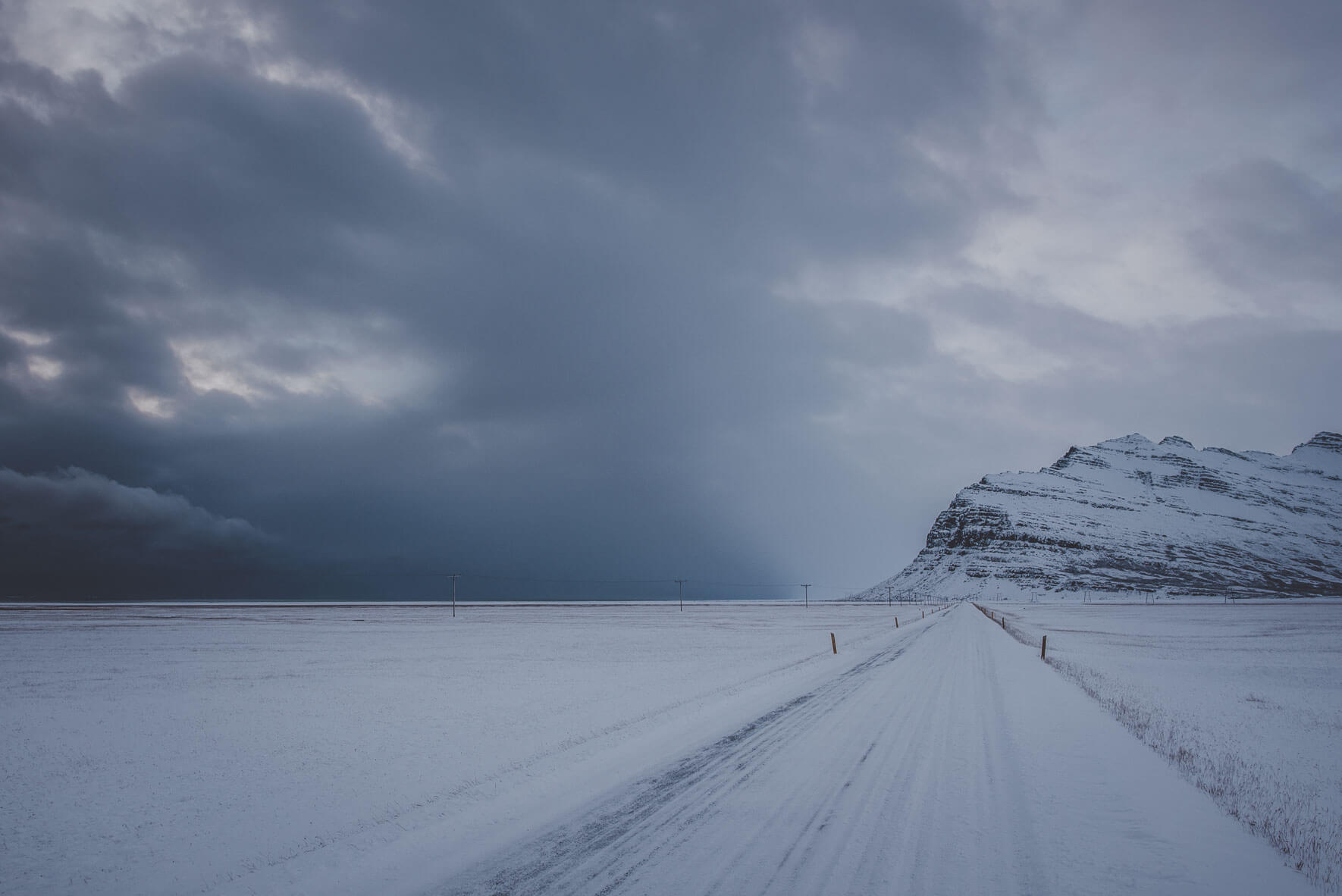 Slippery winter road on the south coast of Iceland