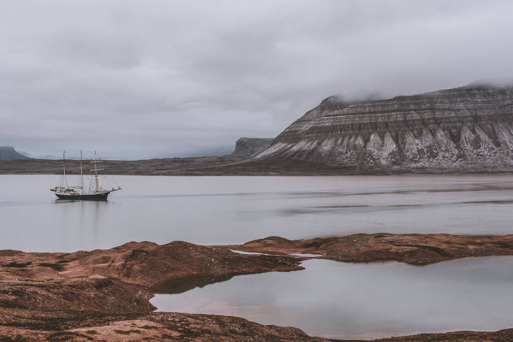 Three-mast sailing ship Antigua on Svalbard (Spitsbergen)